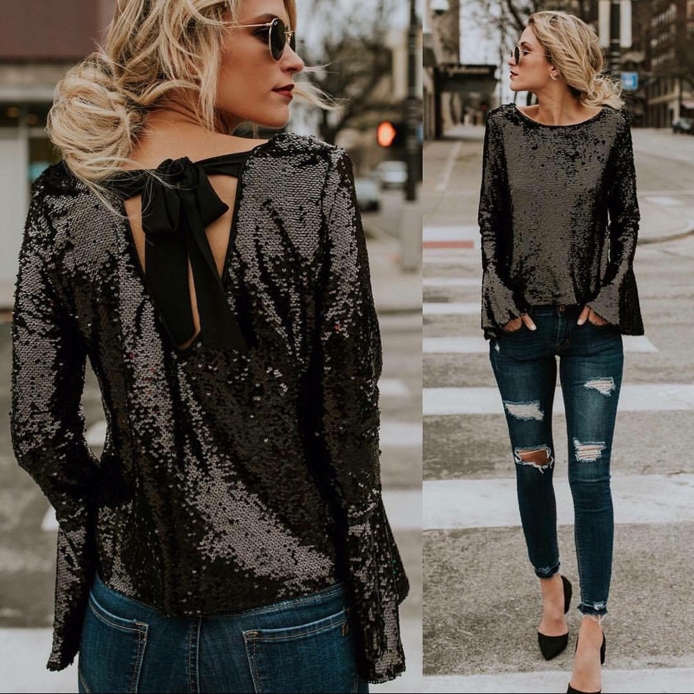 VICI Collection Black Sequin Bell Sleeves NWT